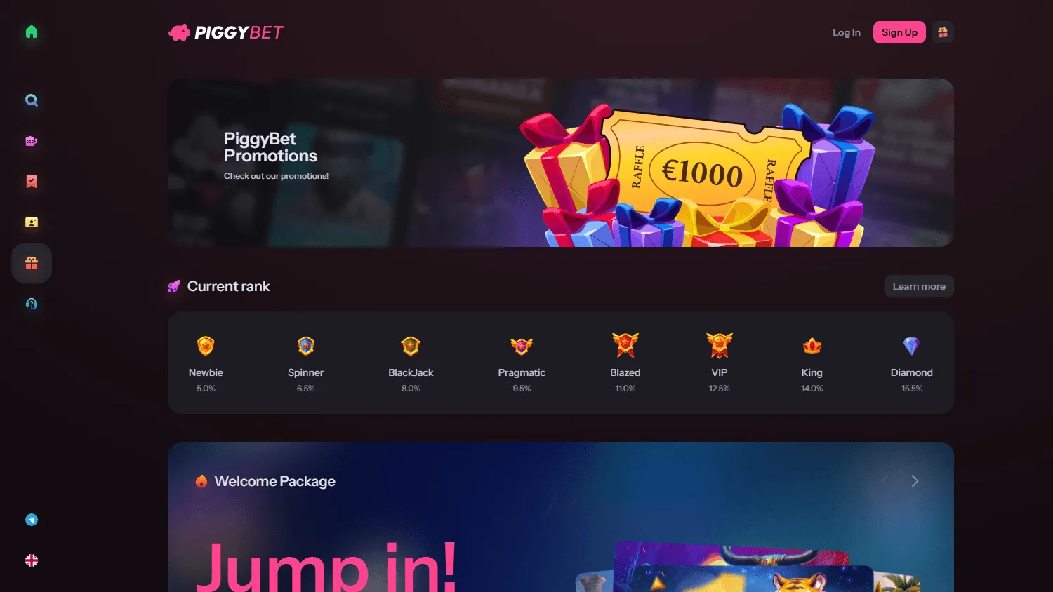 Piggybet Casino desktop promotions area showing welcome and free spins offers