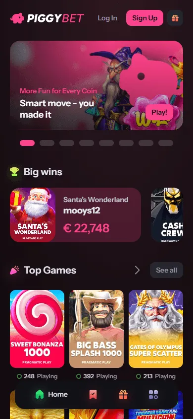 Piggybet Casino mobile browser home screen