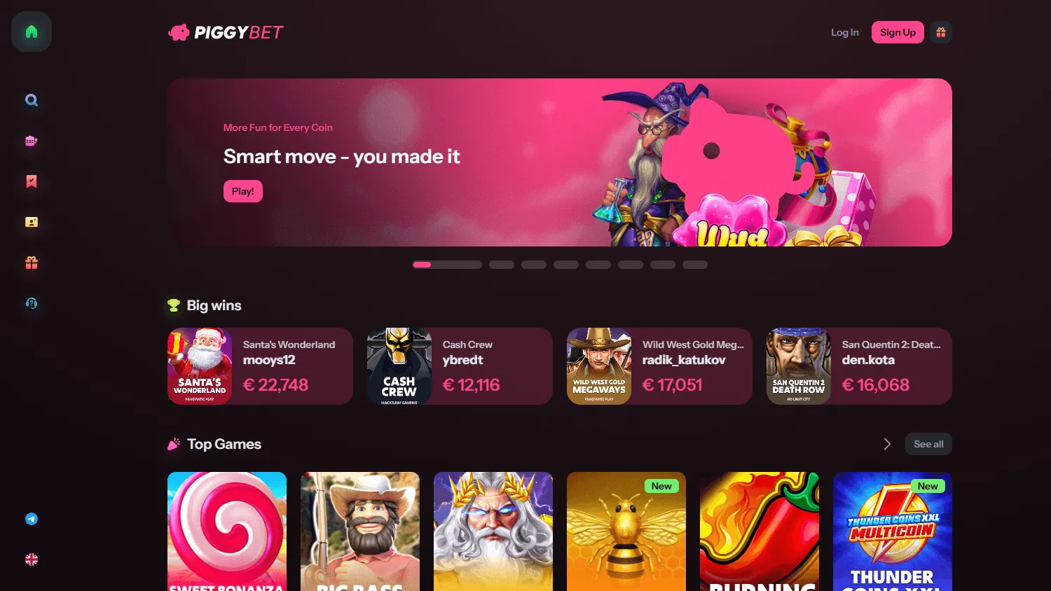 Piggybet Casino desktop home screen with casino account and support access