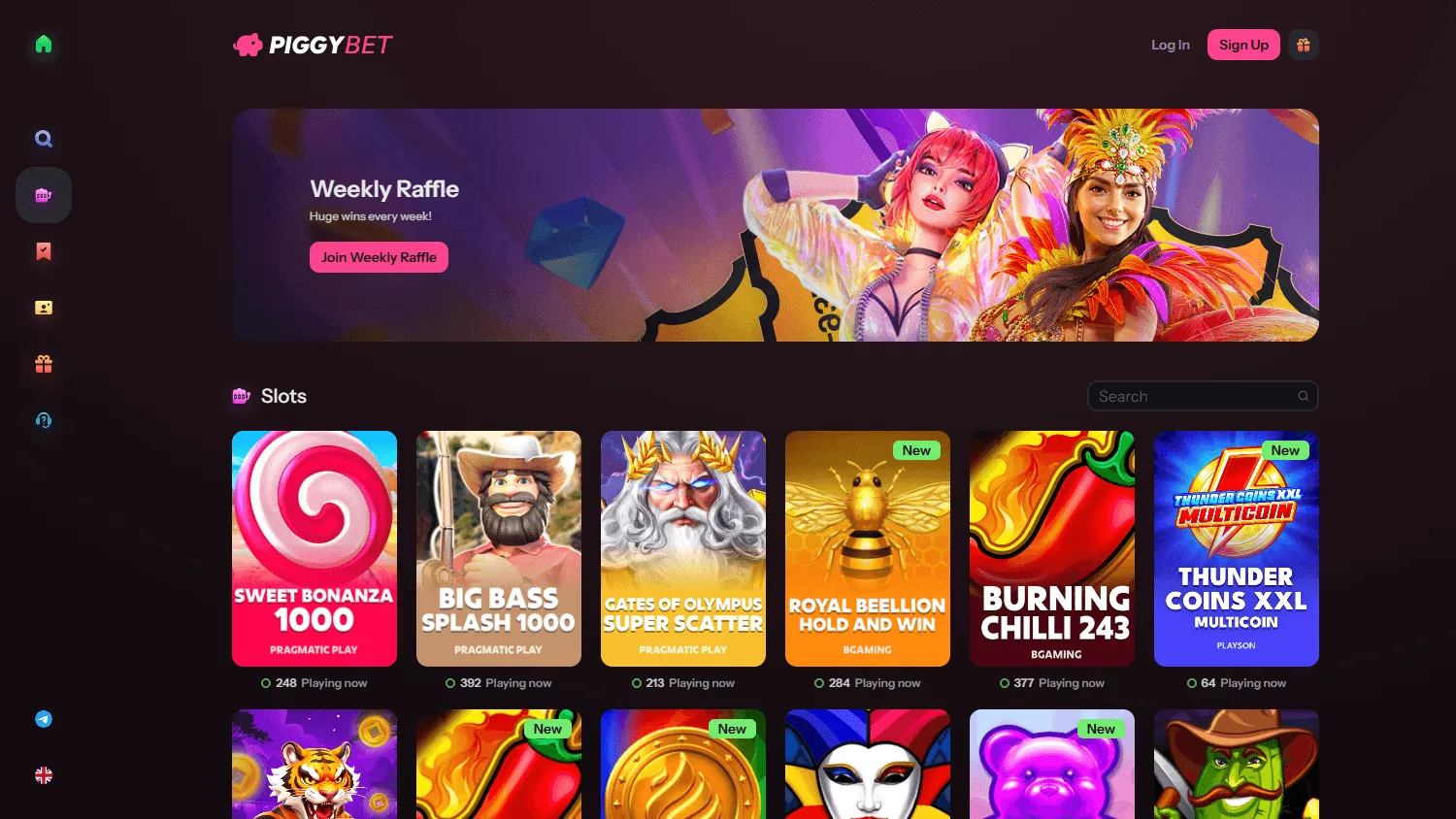 Piggybet Casino desktop games area with slots and casino game choices