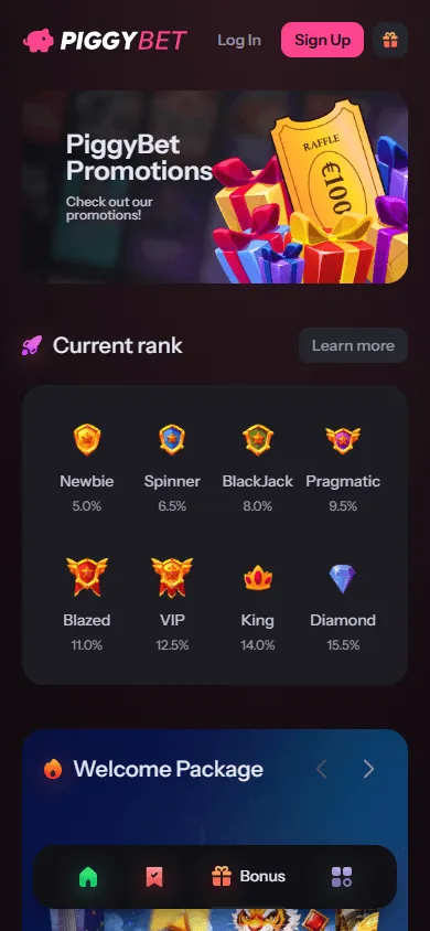 Piggybet Casino mobile browser promotions area